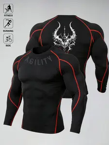 Trendy Black Compression Baselayer for Men | Stretch Breathable Athletic Shirt with Red Contrast Stitching & Demon Graphic | Must-Have for Gym Sessions, Outdoor Sports & Performance Training, Athletic Compression Shirts