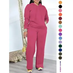 2026 two-piece women's solid color drawstring hooded sweatshirt and high waisted pants set, casual long sleeved pocket hooded sweatshirt and straight leg pants, suitable for both spring and autumn seasons, women's daily wear