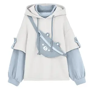 Oversized Hoodie with Bear Bag & Patchwork
