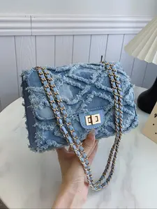 Women's Fashionable Denim Chain Strap Shoulder Bag, Elegant Solid Color Raw Edge Handbag, Trendy Crossbody Bag, Trendy All-match Commuter Bag for Daily Used, Denim Shoulder Purse