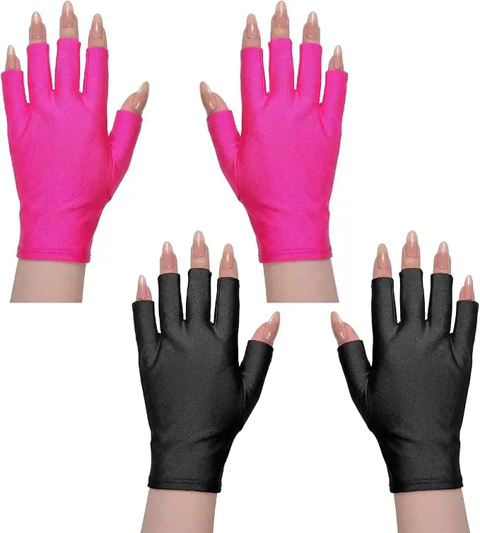 2 Pairs UV Protection Nail Care Gloves for Gel Manicures, Lightweight Breathable Soft Nylon Gloves with Adjustable Fit & Full Coverage, Reusable for Gel Nail Lamps & Outdoor Activities (Black, Rose Red)