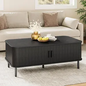 【Valentine's Day gift】ONBRILL Fluted Coffee Table with Storage,47.2" Modern Coffee Tables with Sliding Door, Rectangle Wood Center Table with Adjustable Leg for Living Room, Black