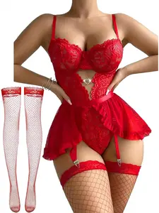 Women Soft Lingerie Nightwear with Garter Belt 4pcs Set Lace Contrast Mesh Bodysuit Ruffle Garter Belt Skirt With Stockings babydoll for her