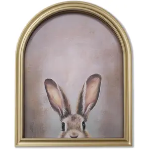 TwoDays Gold Vintage Easter Bunny Framed Wall Art – Arched Wood Frame Rabbit Canvas Picture for Home Aesthetic Wall Decor, Farmhouse Artwork Prints for Living Room, Bedroom (11" x 13.8")
