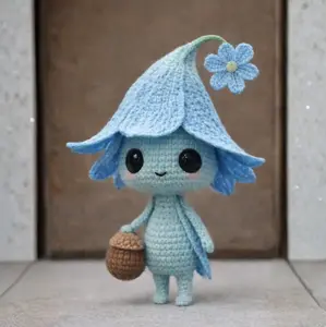 Handmade Crochet Flower Fairy Plush | Cute Amigurumi Bluebell Elf Doll with Acorn Basket | Soft Knit Magical Sprite Nursery Decor | Whimsical Birthday Gift for Girls