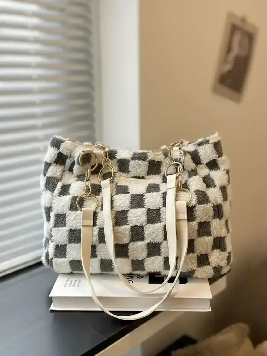 Women's Fashionable Plaid Pattern Tote Bag, Casual Large Capacity Shoulder Bag for Daily Used, Trendy All-match Bag for Commuters and Students
