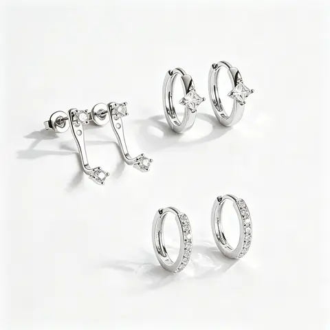 Women's 925 Silver Oval Cubic Zirconia Stud Earrings - Hypoallergenic Copper, Shiny Silver Aesthetic, 3-Pierce Helix Pierced Earring Stacking Set for Daily All-Season Wear