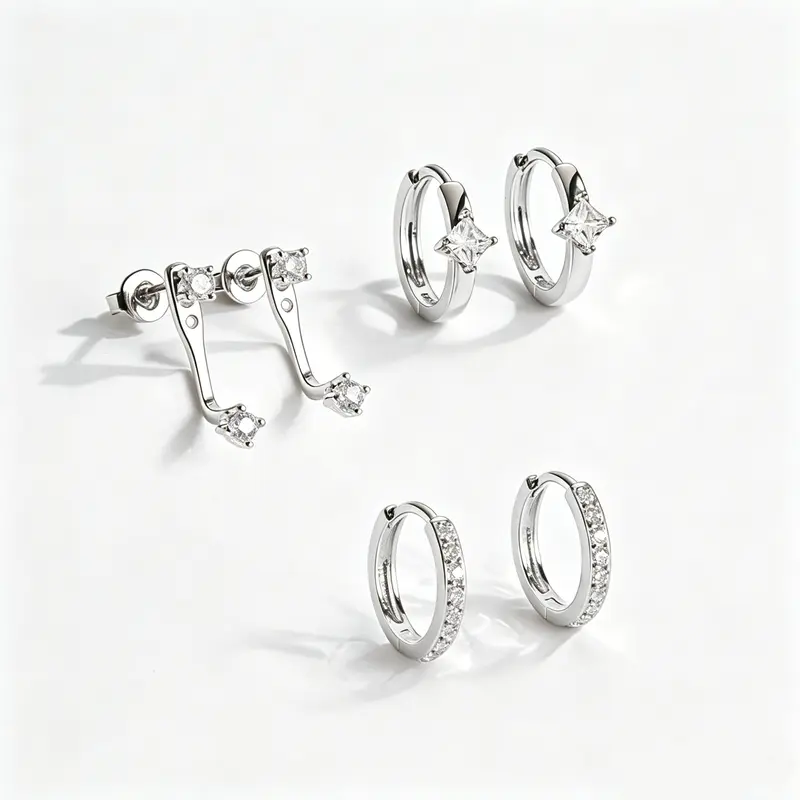Women's 925 Silver Oval Cubic Zirconia Stud Earrings - Hypoallergenic Copper, Shiny Silver Aesthetic, 3-Pierce Helix Pierced Earring Stacking Set for Daily All-Season Wear