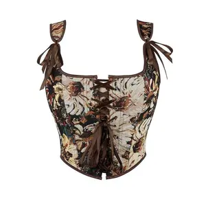 Women's Floral Print Lace Up Corset Top, Elegant Fit  Grommet Eyelet Contrast Binding Shapewear Top for Daily Wear, Fashion Women's Shapewear for All Seasons