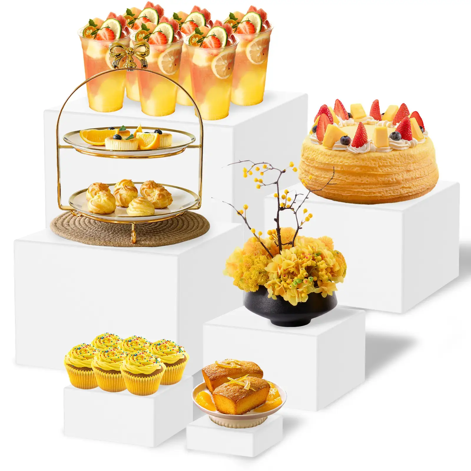 6PCS Hollow Acrylic Food Display Risers Set - Stackable Kitchen Counter Stands for Party Dessert, Cake Display, Catering, Home Decor & Storage