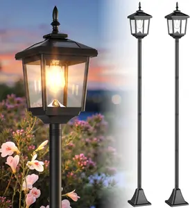 2 Pack Solar Lamp Three-Head Post Lights Outdoor, Adjustable Height (31.1"-68.3") IP44 Waterproof Solar Street Light with Edison LED Bulb, 2700K Warm White Dusk to Dawn Solar Pole Light for Garden, Yard, Pathway, Porch Decor