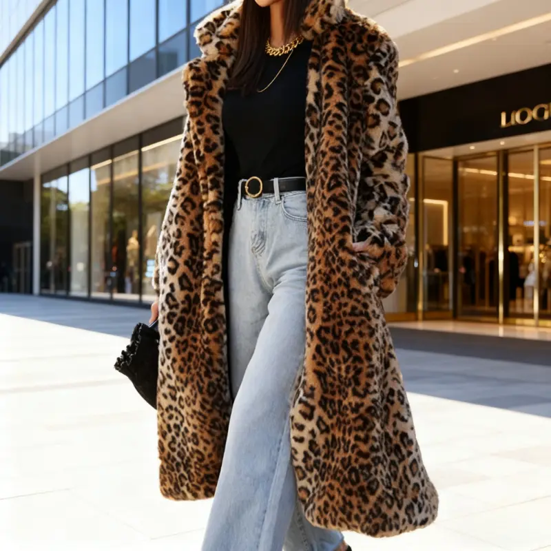 LittleFishOutdoor winter coats women winter outfits for women winter clothes women trench coat trench coat women Leopard Faux Fur Women Long Coats Autumn Winter Print Jackets Turn Down Collar Maxi Punk Gothic Coat Thick Warm Open Stitch