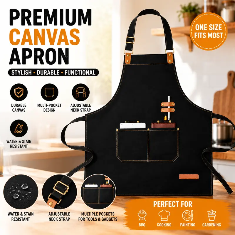 Men's Heavy-Duty Polyester Canvas Waist Apron - 1-Piece, 26"w x 28.3"l, Adjustable Cross-Back Buckle, Spacious Pockets, Heat-Resistant, Breathable, Waterproof, Easy Cleaning, Quick-Release Fit, Kitchen Work & Tool Storage Apron, Waterproof Apron