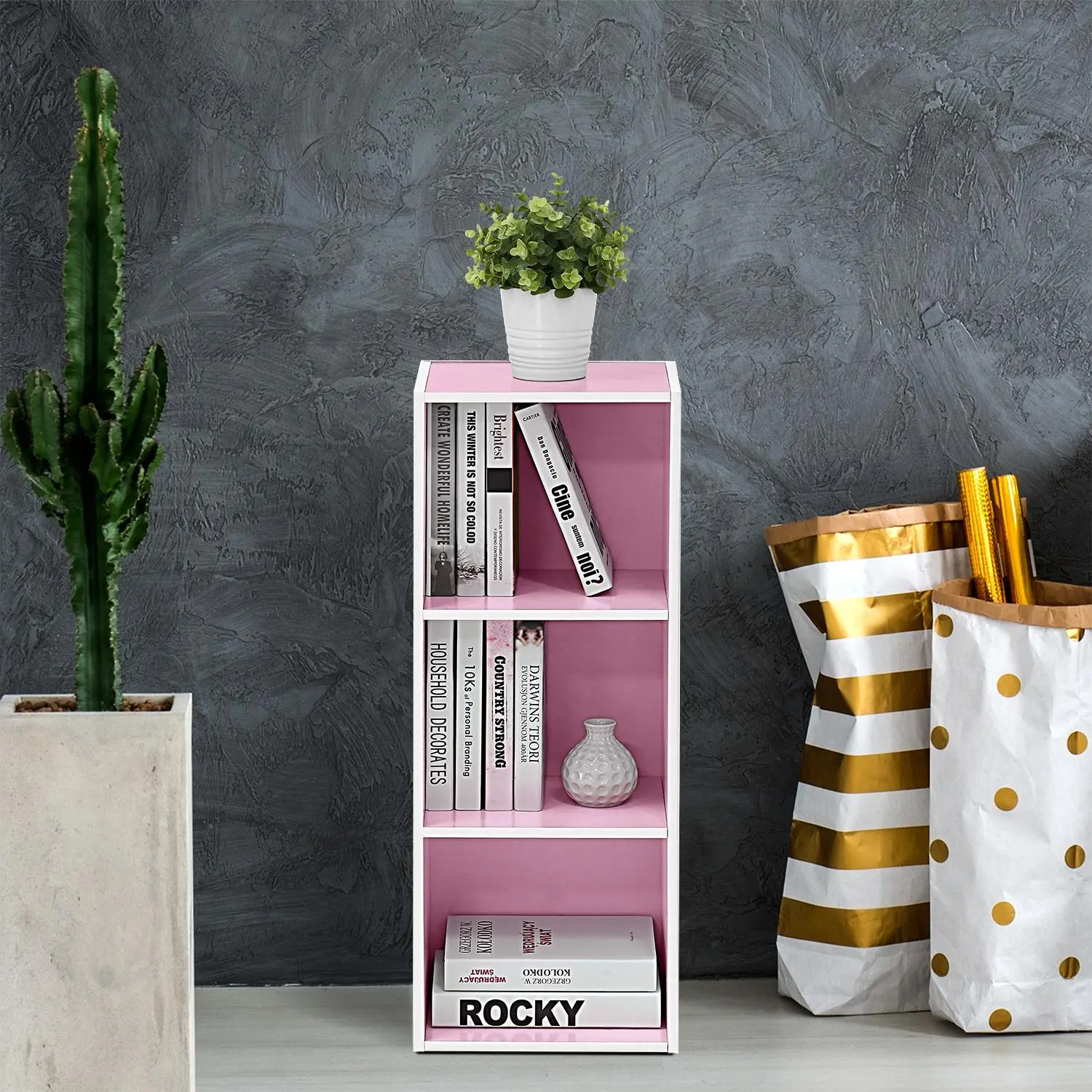 LUDER Contemporary 3-Cube Open Bookshelf - Freestanding Simple Storage System with Book Nook, Collectibles Display, 9.3x12x31.5 in White/Blush Pink Indoor Unit, Assembly Required for Living Room, Clean Aesthetic Small Room Ideas, Home Library
