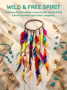 Bohemian-style rainbow feather headband, colorful hippie-style hair accessories, featuring multi-colored artificial feathers, perfect for beach photography and everyday wear, beach accessories, Indian-style colorful feather hair accessories