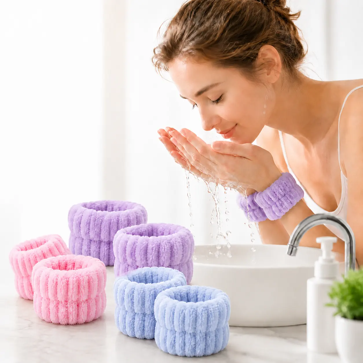 3-Piece Coral Fleece Spa Headband and Wristband Set for Women, Soft Absorbent Waterproof Cuffs for Daily Face Washing and Skincare Routine, Elastic Design