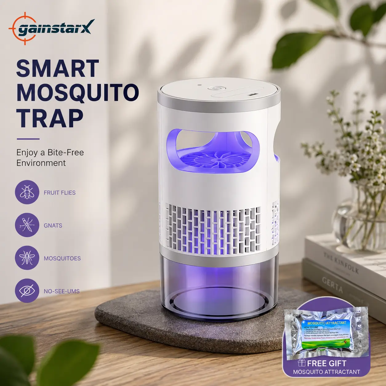 Gainstarx Indoor Insect Trap with Bait Included Light and Suction Non Zapper Flying Bug Catcher for Mosquitoes Fruit Flies Gnats and Moths Home Use
