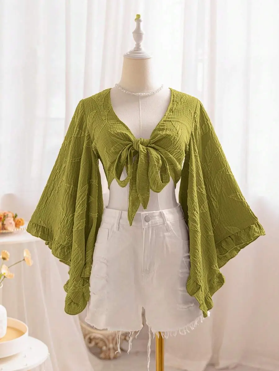 Women's Holiday Hippie Music Festival Willow Texture Open Tie-Knot Trumpet Sleeves Ruffle Cuff Shirt,Three Quarter Sleeve Tops