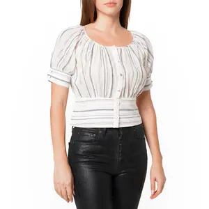 Multi Stripe Puff Sleeve Top in Ecru Multi