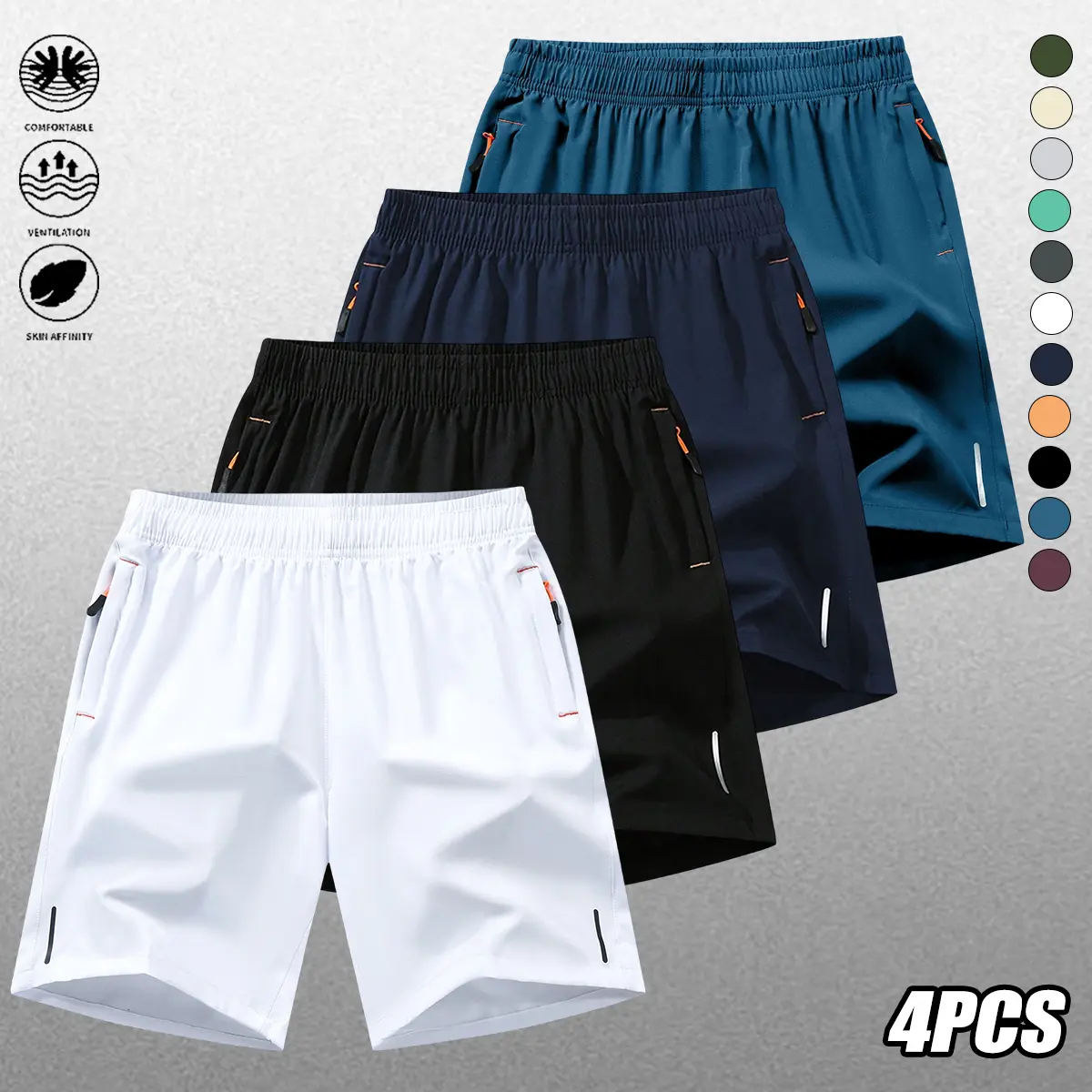 Men’s solid-color shorts set, 4 pieces, elastic waistband with adjustable fit, zippered pockets; suitable for outdoor jogging and casual travel; men’s shorts, menswear.