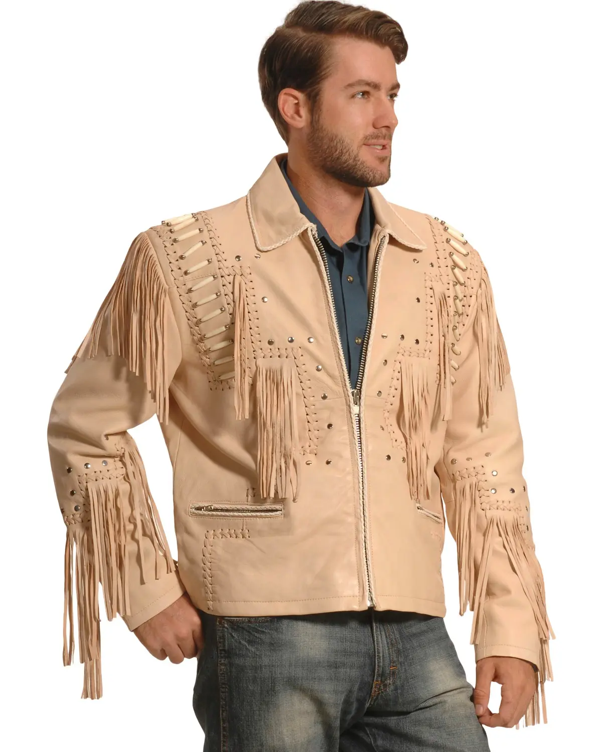 Liberty Wear Men's Men'S Fringed Leather Jacket Big - 483-Big Cream
