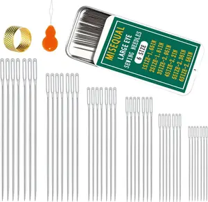 Misequal 42 Pcs Large Eye Sewing Needles, 6 Sizes Stainless Steel Sewing Sharp Needles with Threader for Embroidery Thread Needle and Hand Sewing Art Crafts (Silver, 42PCS)