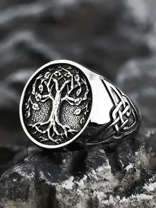 Vintage Life Tree Steel Ring, Signet Ring, Nordic Mythology Yggdrasil Design Nature Motif Viking Art Jewelry, Unisex Fashion Pagan Style Ring with Timeless Appeal for All Seasons, Nordic Inspiration