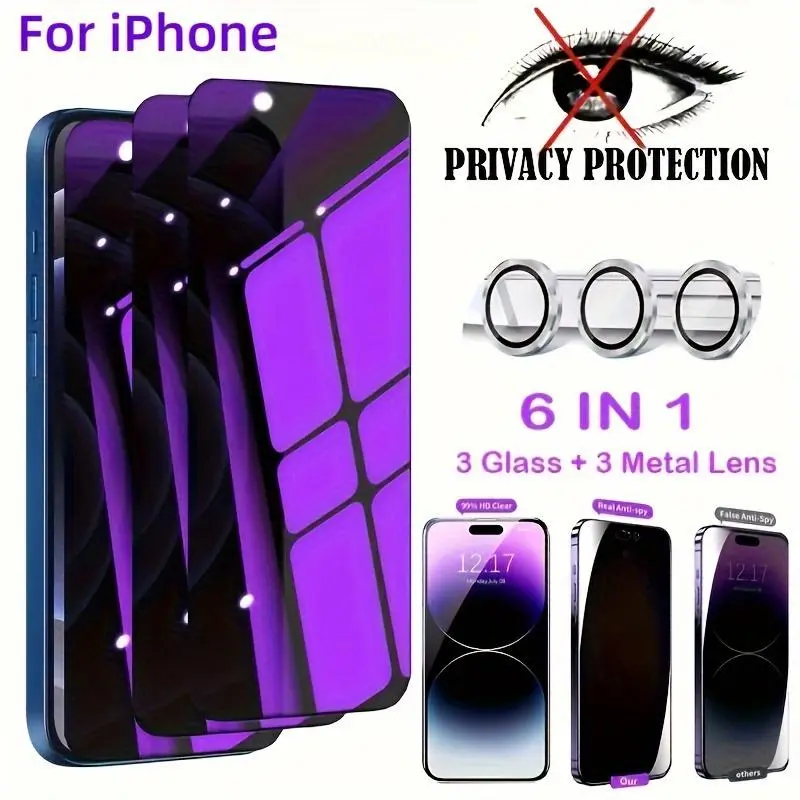 [3pcs Anti Blue Ray Privacy Protection Glass + Camera Lens] 9H Anti Spy Privacy Tempered Glass For IPhone 17 Pro Max 17 Pro 17 Air 15/14/13 Pro Max/14/15 Plus/15 Pro/14 Pro/13 Pro Screen Protector Film Accessories
