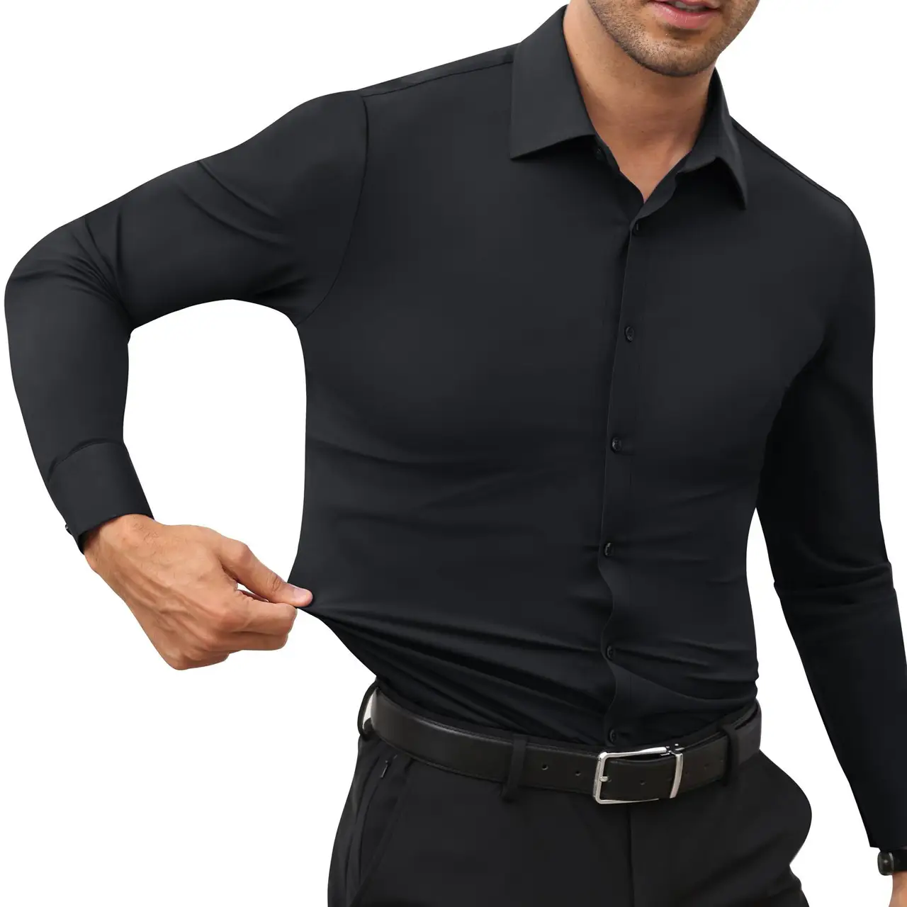 Elencoco Men's Super Stretchy Dress Shirt Quick-Drying Breathable Anti-Wrinkle Muscle Slim Long-Sleeved Business Sports Casual Black Top Outdoorfun Be