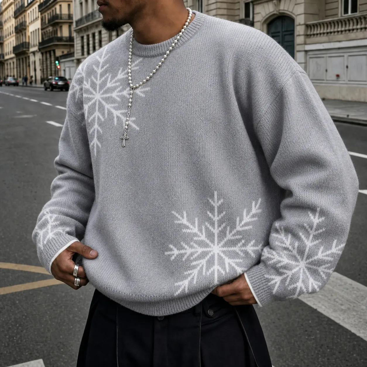 Mens Ugly Christmas Sweater Snowflake Graphic Knit Pullover Funny Holiday Party Jumper Crewneck Long Sleeve Tops Lightweight Warm Winter Knitted Apparel Casual Relaxed Fit Xmas Gift Red Black Gray S-XL