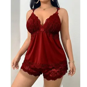 Women's Satin 2-Piece Pajama Set with Lace Trim, Comfortable Shorts Loungewear for Women's
