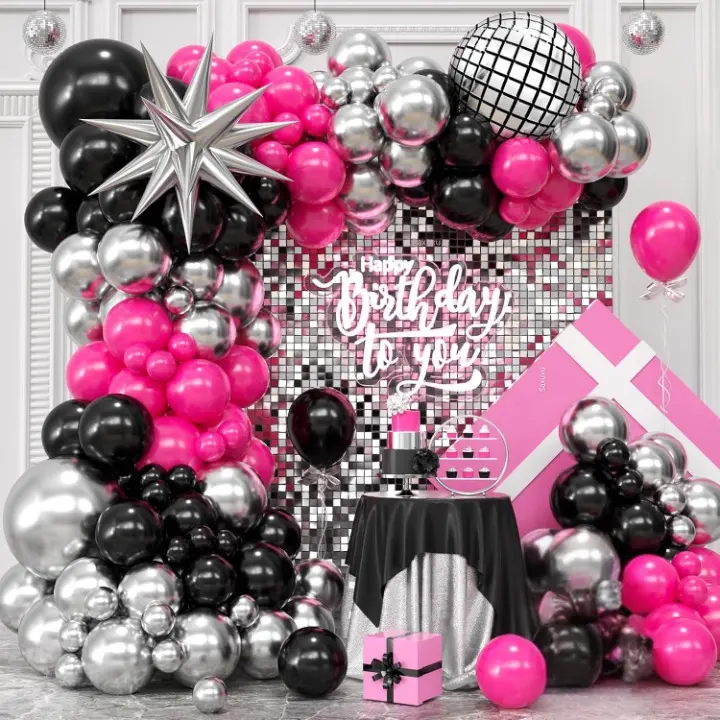 Birthday Party Decorations with Pink and Black Balloons and Silver Starburst