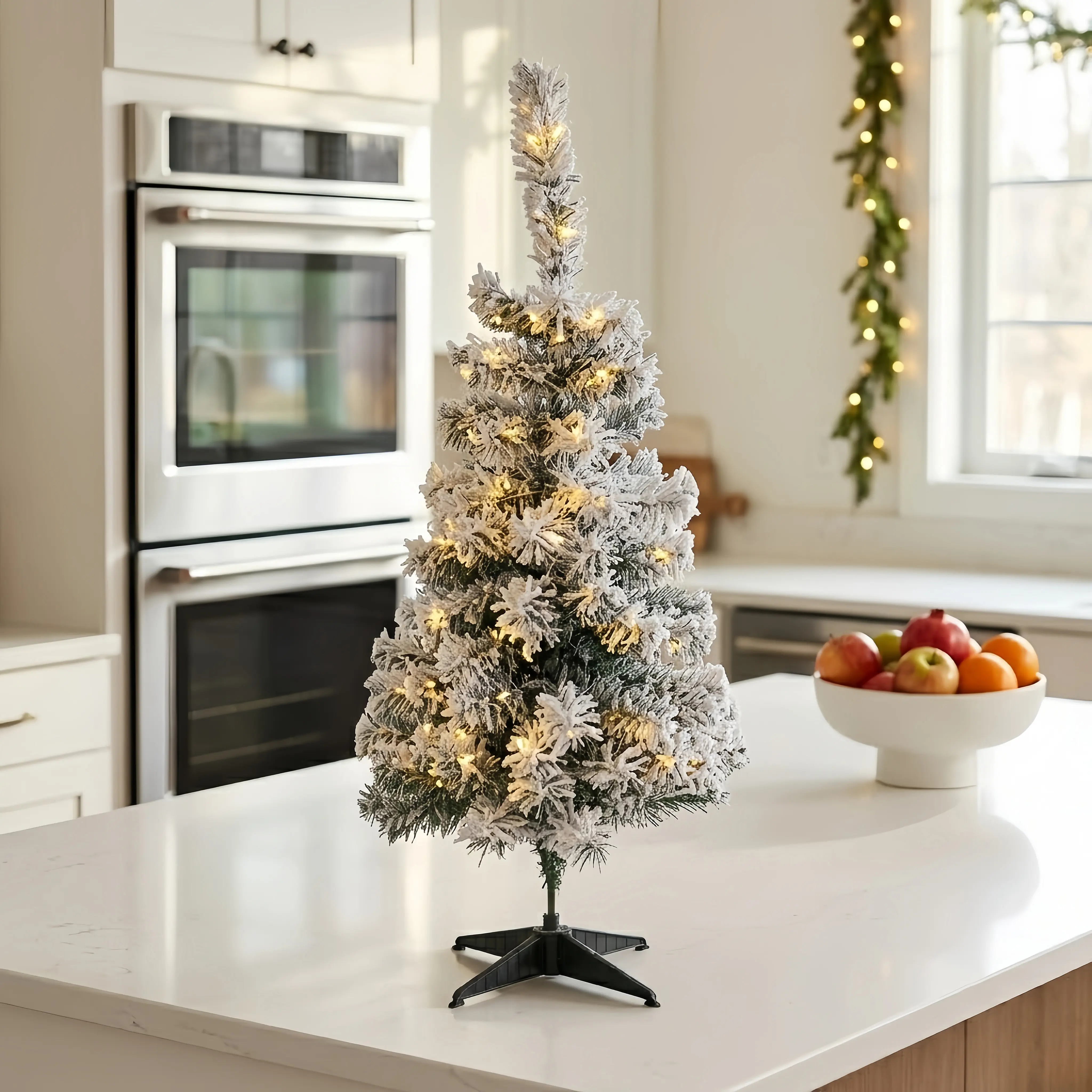 3FT Pre-lit Flocked Christmas Tree with 50 Warm LED Lights & 115 Tips, Mini Tabletop Artificial Tree with Stable 4-Leg Base, Snowy Holiday Decor for Kitchen, Bedroom, Kids Room & Apartment Countdown Ornament homedecor