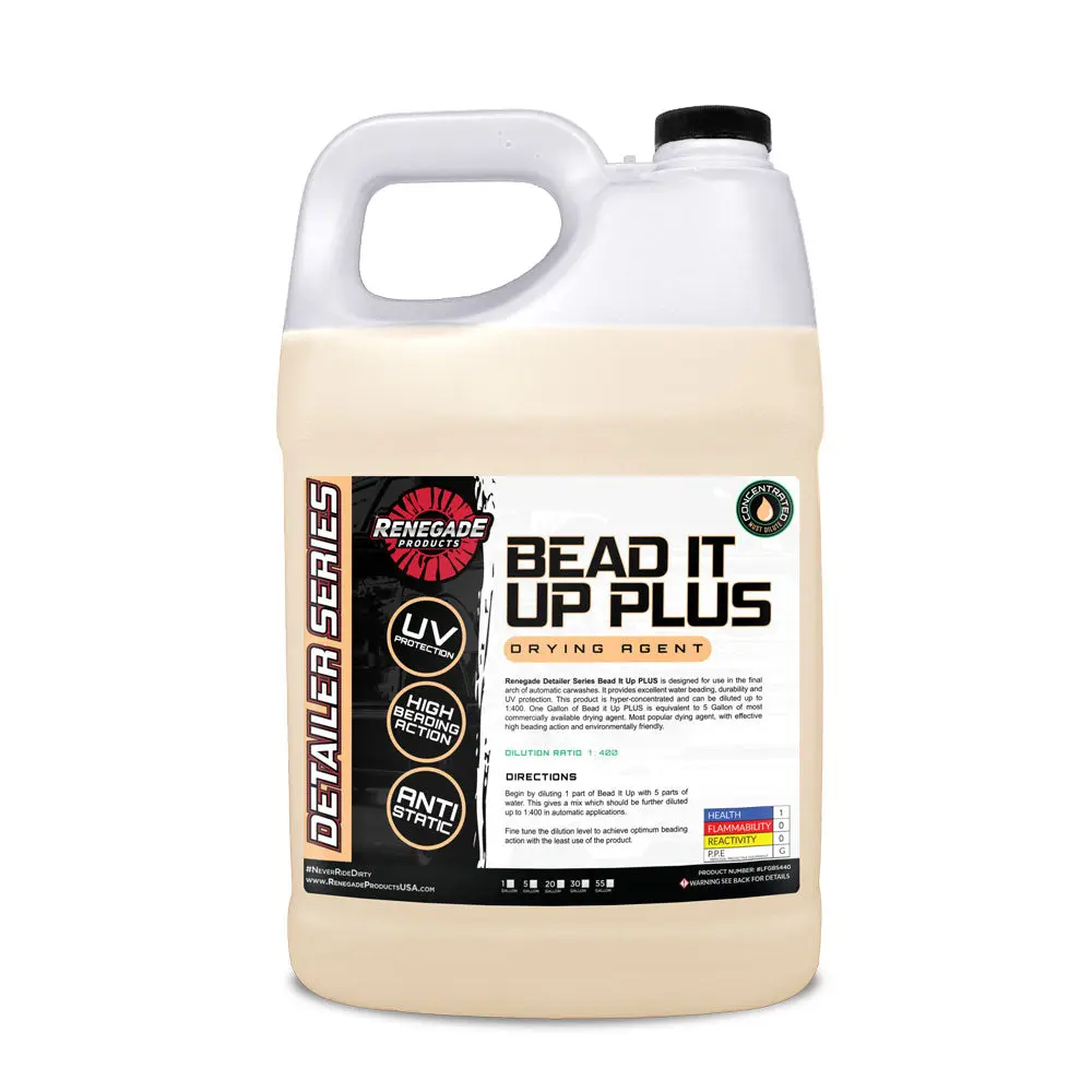 Renegade Products Bead It Up Plus Drying Agent 1 Gallon – Hyper-Concentrated Water Beading & UV Protection for Car Washes