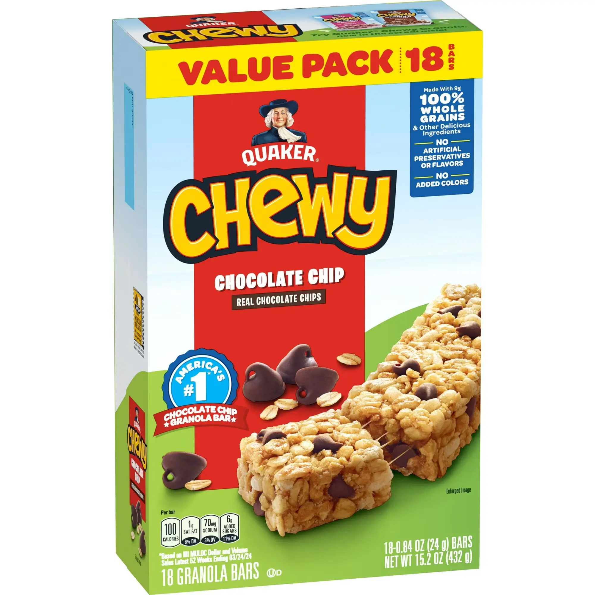 Quaker Chewy Chocolate Chip Granola Bars, School Snack, Soft Baked Breakfast