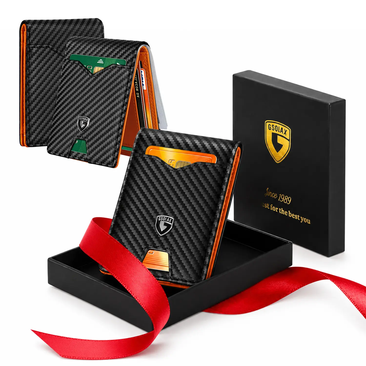 GSOIAX Slim Wallet for Men Rfid Blocking Leather Bifold Front Pocket Carbon Fiber Men's Money Clips Credit Card Holder With Gift Box, Ideal Gift for Men