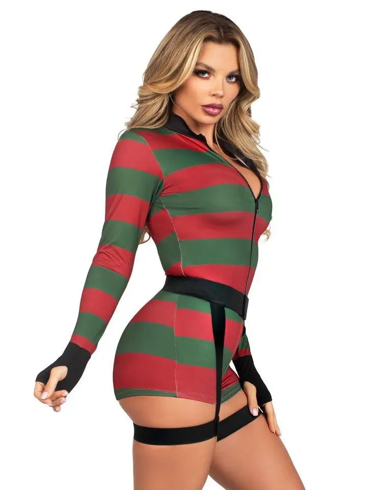Freddy Krueger-Inspired Costume Striped Green & Red Romper with Glove Details & Black Leg Harness for Halloween Parties