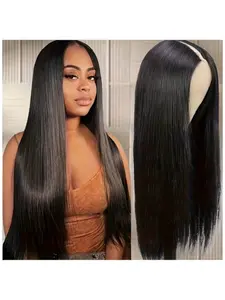 Natural Black Glueless Clip-in Half-Wig, Glueless Straight Wigs, Blend of Human Hair and Heat-Resistant Synthetic Fibers, V-Part Straight Wig (180% Density) for Full-Head Coverage, Machine-Made, for Daily & Special Occasions