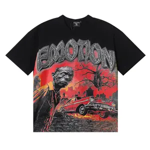 Extra Baggy "Mixed Emotion" Apocalypse Zombie & Classic Car Graphic Tee w/ Rhinestone Lettering, Retro Faded, 2000s Retro Edgy Grunge Urban Street Style, For Men & Women Edgy Cotton Top for Warm Weather Music Music Festival Daily Outfit