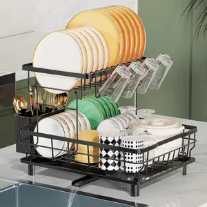 Large Dish Drying Rack For KitchenCounter,Detachable Large Capacity Dish DrainerOrganizer With Utensil Holder,2-Tier Dish DryingRack With Drain Board,Black
