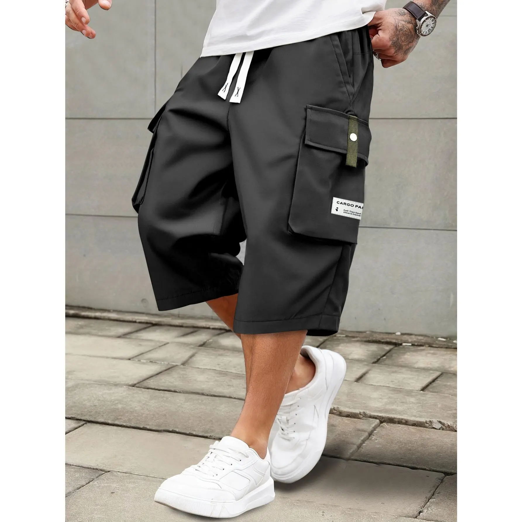 Men’s Cargo Cropped Pants – Multi Pocket Workwear Shorts with Elastic Waist & Drawstring for Outdoor, Travel,father'sdaygifts， Gym & Casual Streetwear