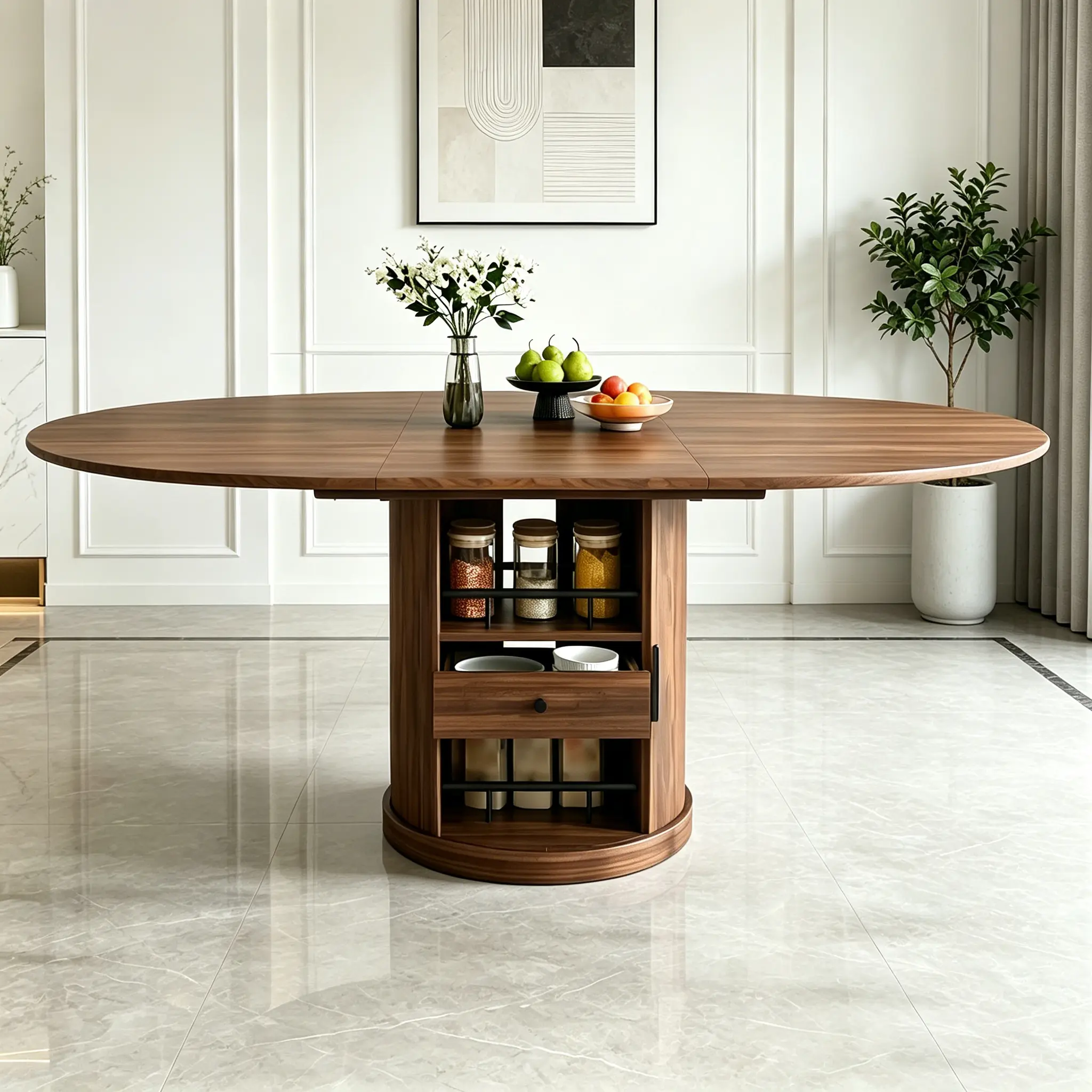 Extendable Oval Dining Table 59" with 2-Tier Storage, Space-Saving Expandable Kitchen Table for 4-6, Pedestal Base for Dining Room, Walnut Brown