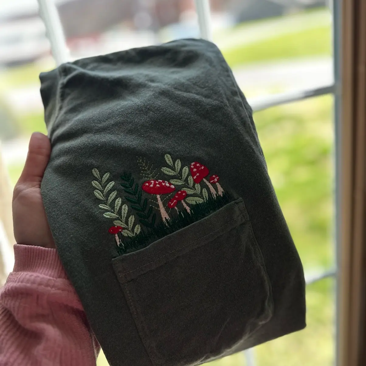 Embroidered forage mushroom pocket tshirt design