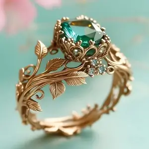B Green Crystal Statement Ring Vintage Totem Vine Design Nature Inspired Boho Healing Energy Spiritual Jewelry Gift for Women Men Mother’s Day