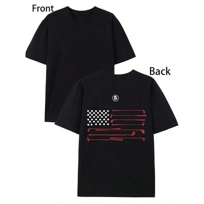 Men's Oversize Sporty "Barstool Golf" Print T-Shirt, Round Neck, Shortsleeve, Breathable Gym Streetwear Top, American Flag & Golf Club Graphic Casual Tee