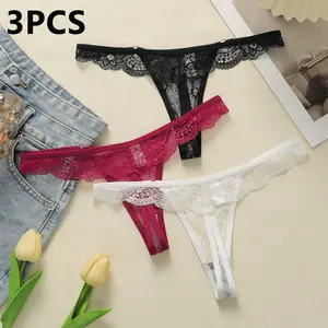 3PCS  Sexy Low Waist  Lace Solid Color Comfortable And Breathable Thong Lingerie Low-Rise Sexy Lace Thong Women's Seamless Comfort Thongs daily underwear Bra Womenswear