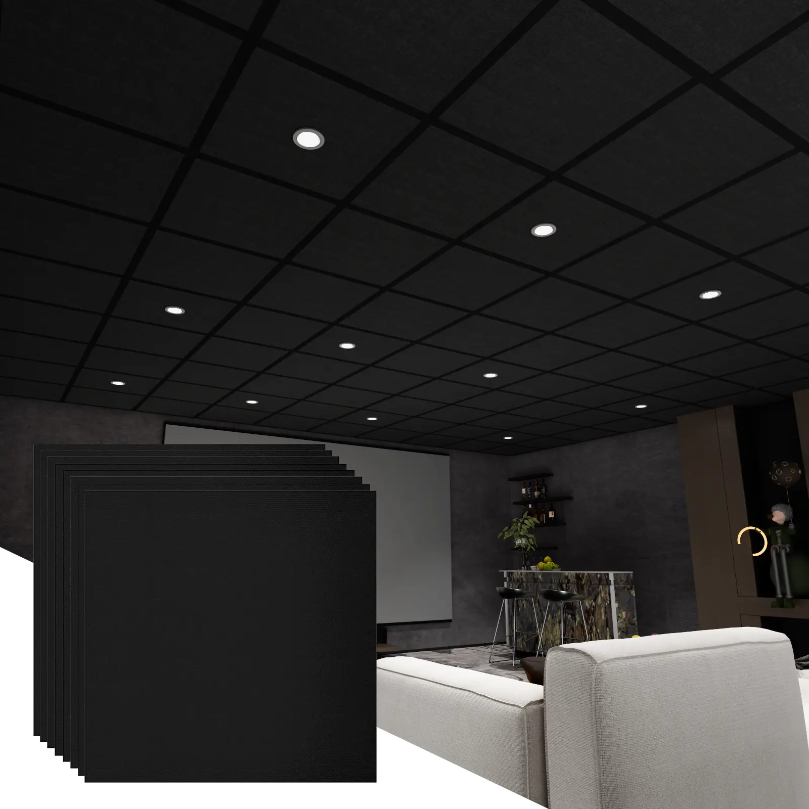 BaseNoir 6/12/24 PCS Black Polyester Fiber Acoustic Ceiling Tiles Reduce Light Reflection 2x2 Ft Ideal For Home Theater Basement Cover 24/48/96 Sq.Ft