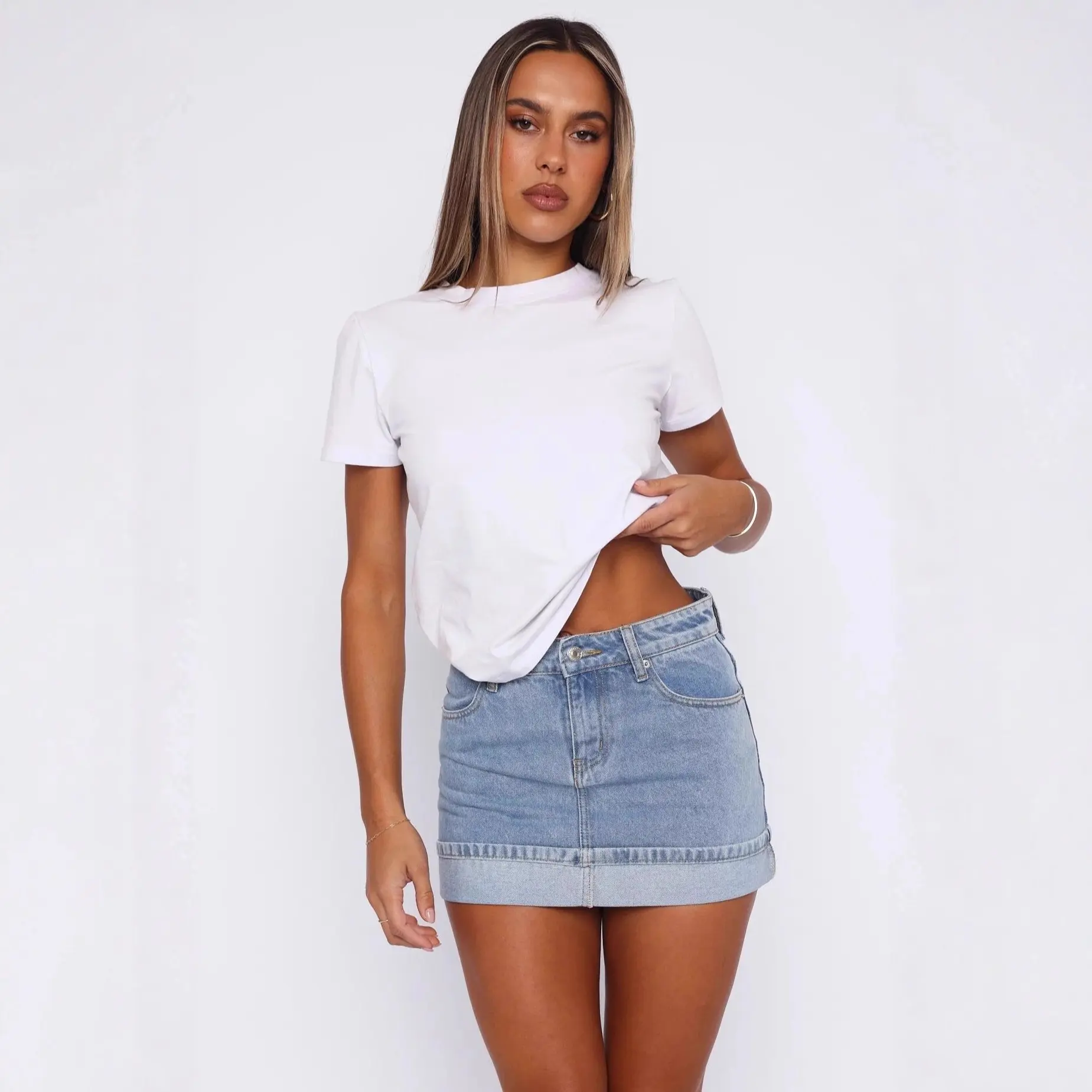 Women's Elegant Basic Fitted Light Wash High Waist Polyester Denim Mini Skirt - Streetwear for Women, Machine Washable Casual Short Bottoms, Skirts
