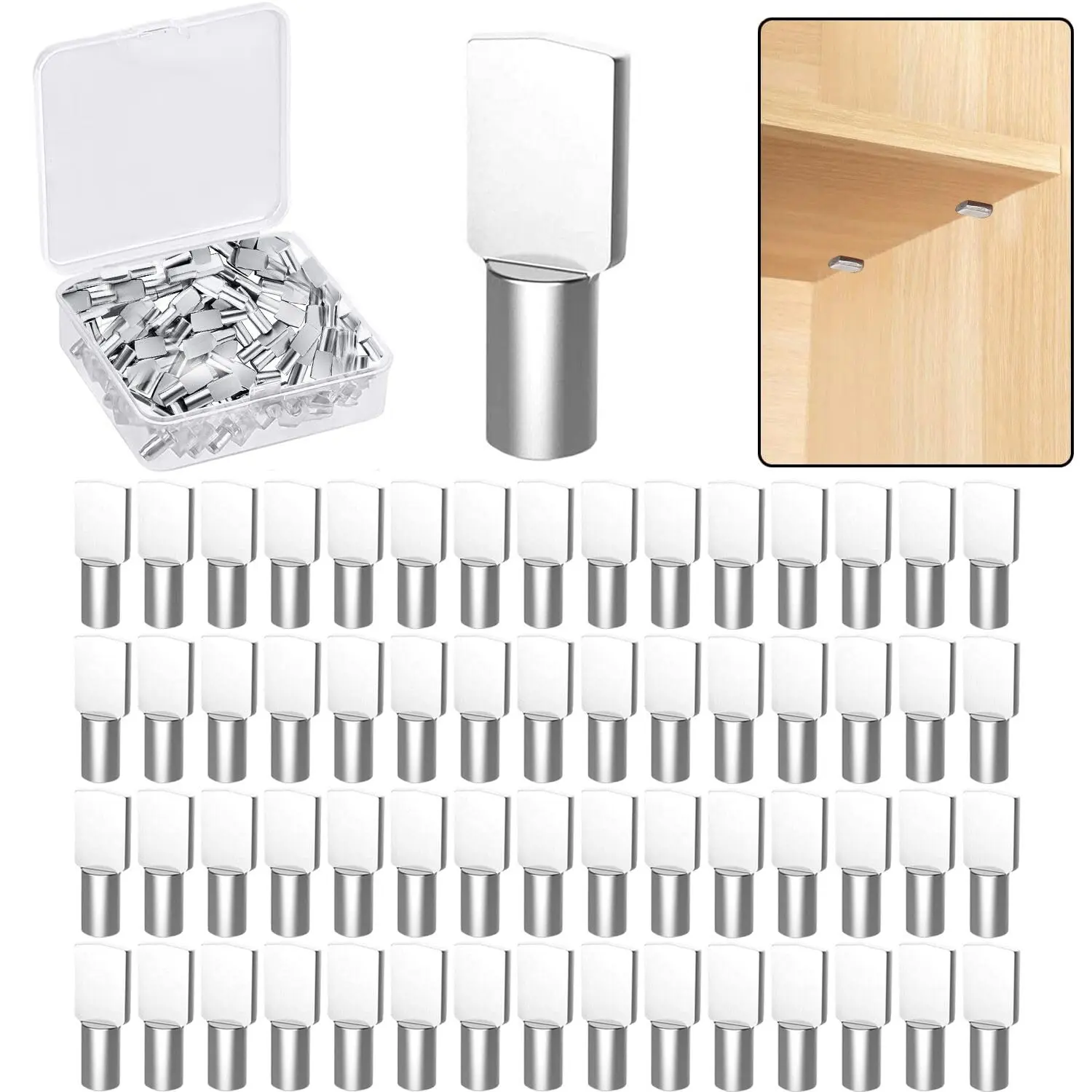 60 count 5mm Shelf Pegs , Spoon Shaped Shelf Pins for Shelves, Kitchen Cabinet Shelf, Bookshelf, Closet and Furniture, Nickel Plated Shelf Holders Support Pegs