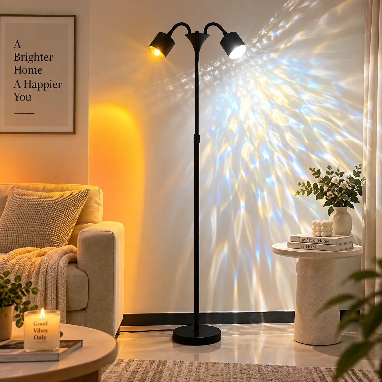 Dual Head Sunset & Water Ripple Floor Lamp, Adjustable Projection Mood Light for Bedroom, Living Room, Gaming Room & Home Decor